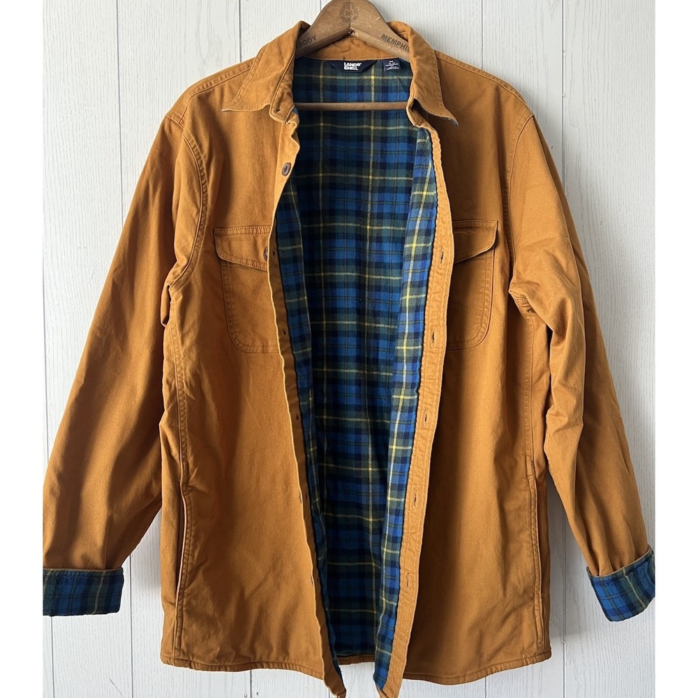 Lands End Flannel Lined Shirt Jacket Jac Shirt Button Up Mens M Amber Workwear